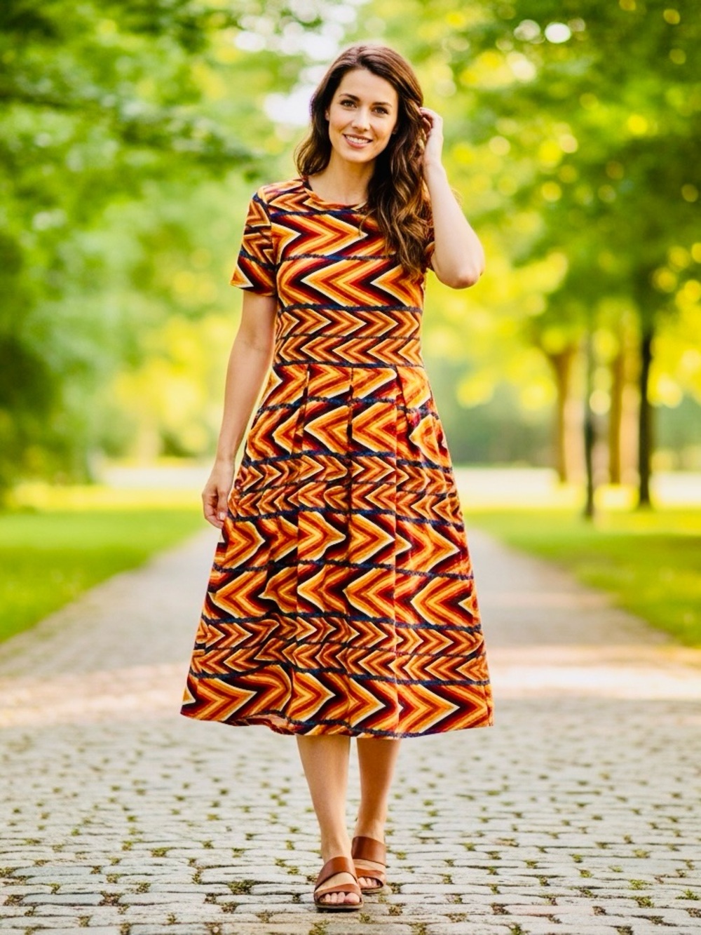 LuLaRoe Orange and Brown Geometric Midi Dress